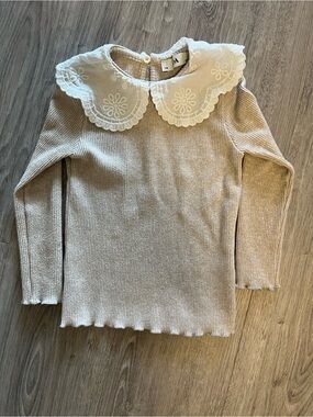 Girls' Ribbed Beige Sweater Top with Embroidered Peter Pan Collar